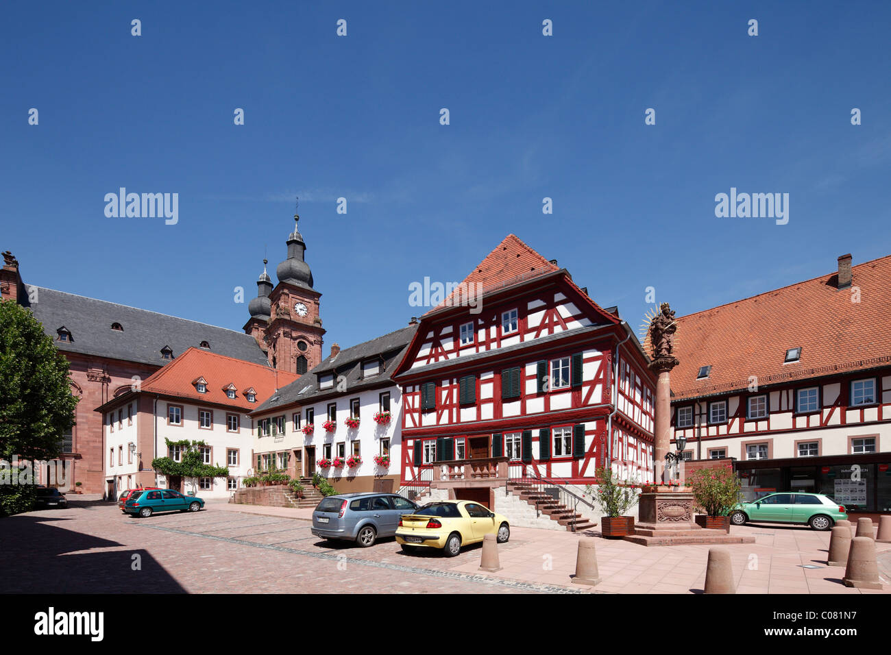 Market square and Pparish church of St. Gangolf, Amorbach, Mainfranken, Lower Franconia, Franconia, Bavaria, Germany, Europe Stock Photo