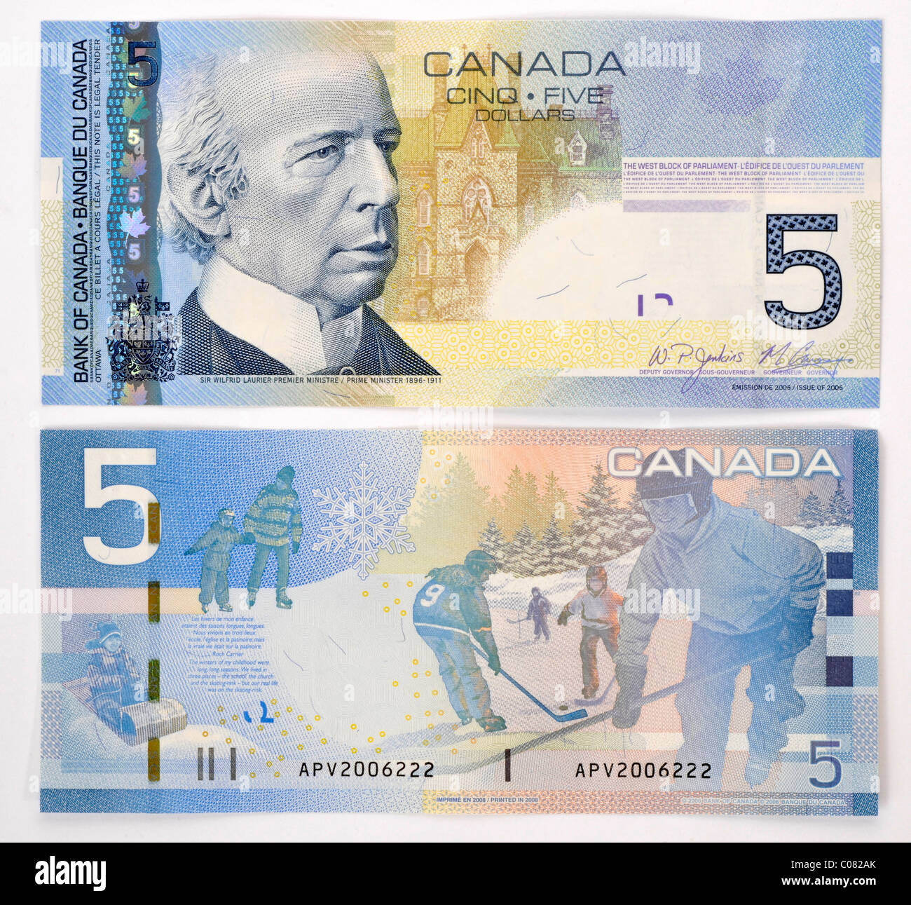 Canadian 5 dollar banknote, front and back Stock Photo