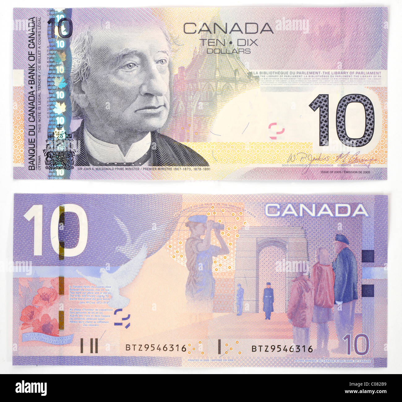 Canadian 10 dollar banknote, front and back Stock Photo