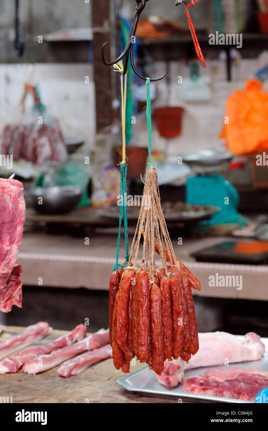 chicken sausages wet market jalan petaling street kuala lumpur chinatown malaysia malaysian chinese food Stock Photo