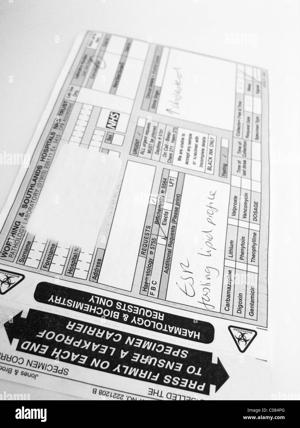 blood test information on a Haematology & Biochemistry request form Stock Photo Alamy