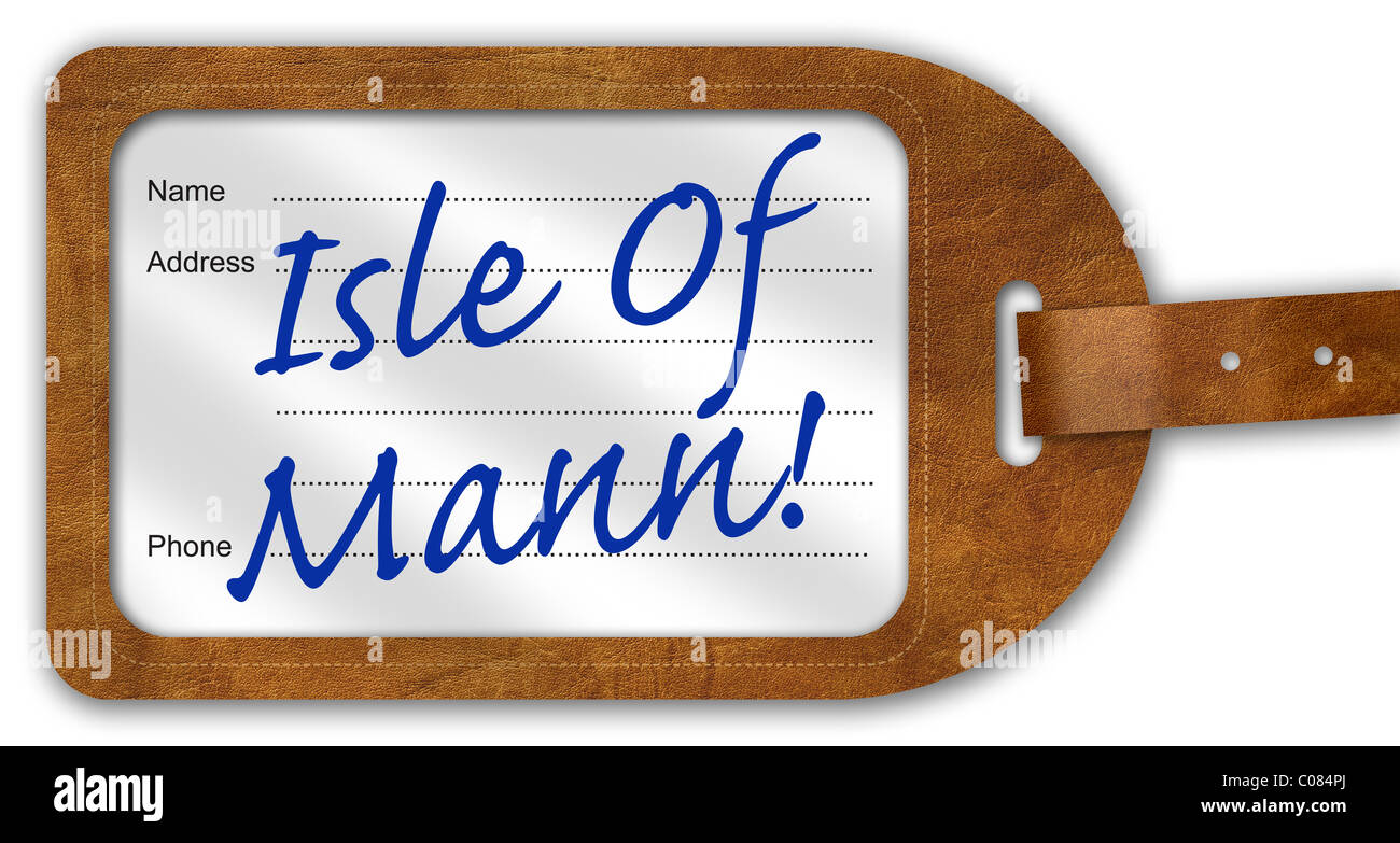 Suitcase/Luggage Label with ‘Isle Of Mann!’ written on Stock Photo