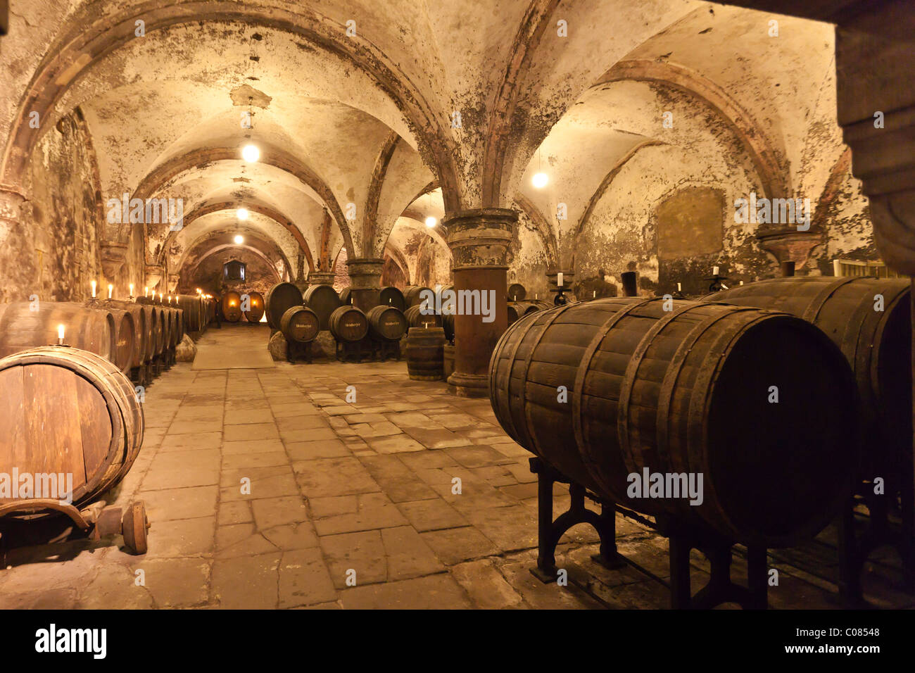 Wine cellar at the Kloster Eberbach Abbey, Eltville am Rhein, Rheingau, Hesse, Germany, Europe Stock Photo