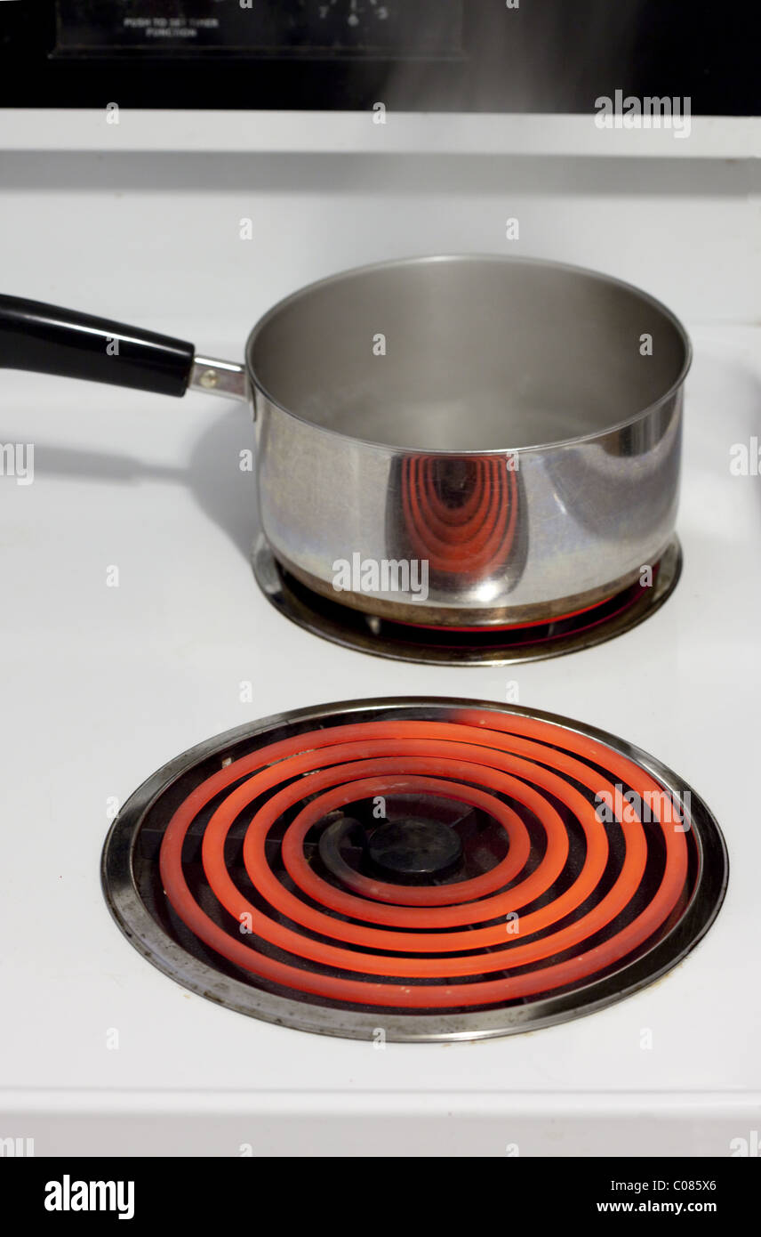 Red hot coiled burner on a stovetop Stock Photo
