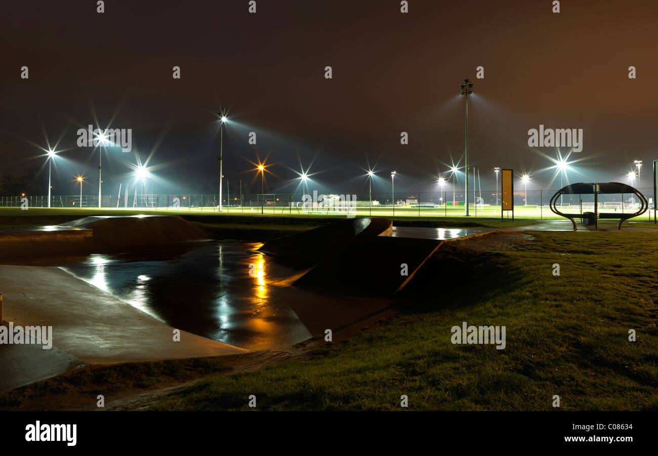 Sports field lit at night Stock Photo