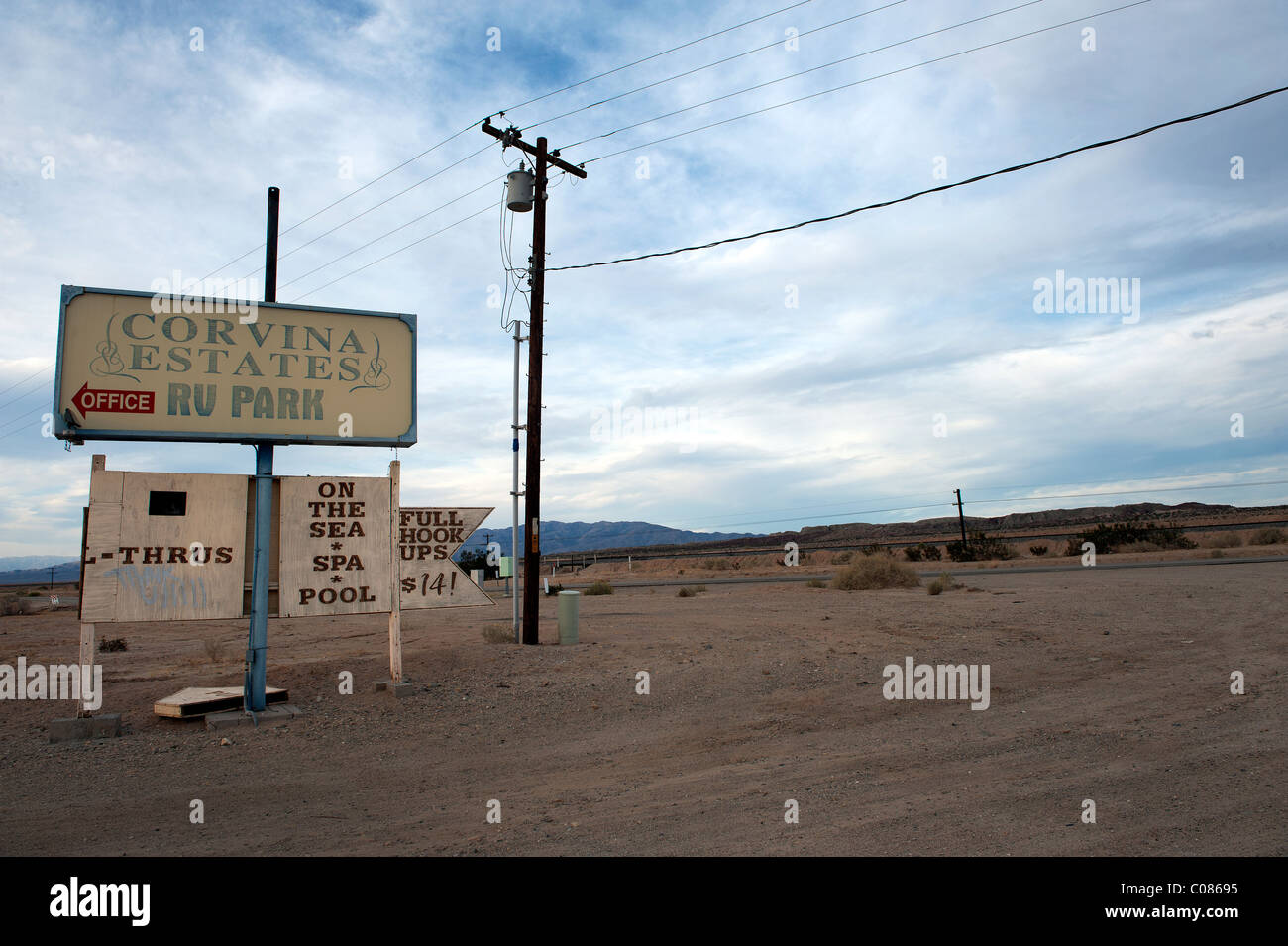 Sign at the entrance of an RV park on the shore of Salton Sea