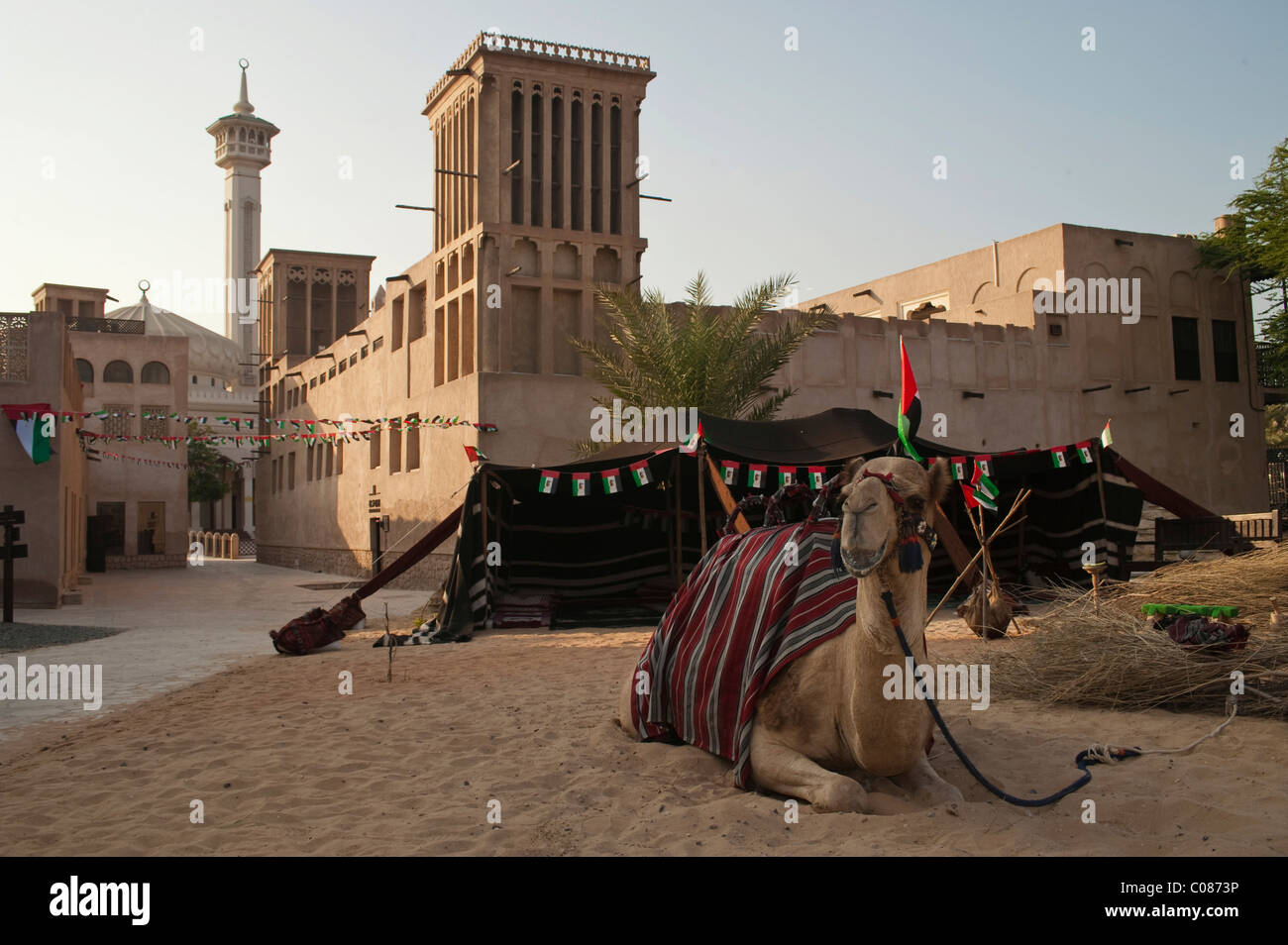 Camel with Bedouin tent outside the Bastakia quarter, Dubai, United Arab Emirates, Middle East Stock Photo