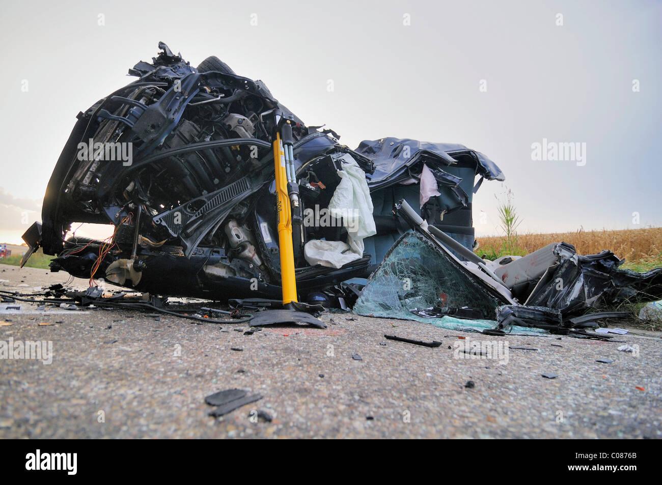 Wreck of the small car Renault Clio, in which three people were killed on the B 39 road, supported with hydraulic firefighting Stock Photo