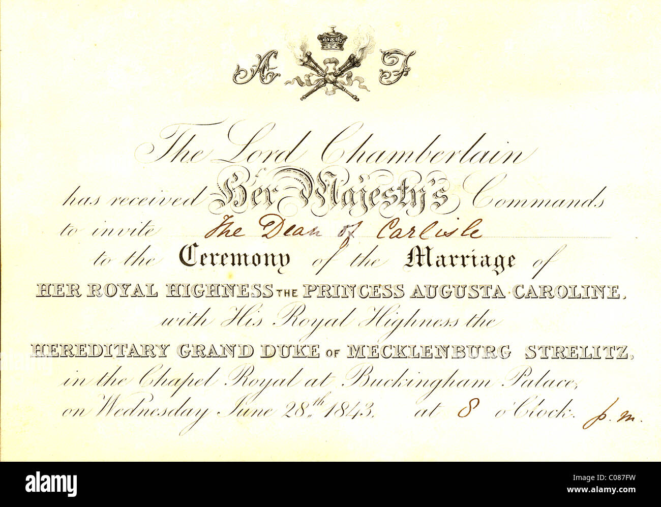 Invitation to marriage of HRH Princess Augusta to HRH Grand Duke of Mecklenburg Strelitz Stock Photo