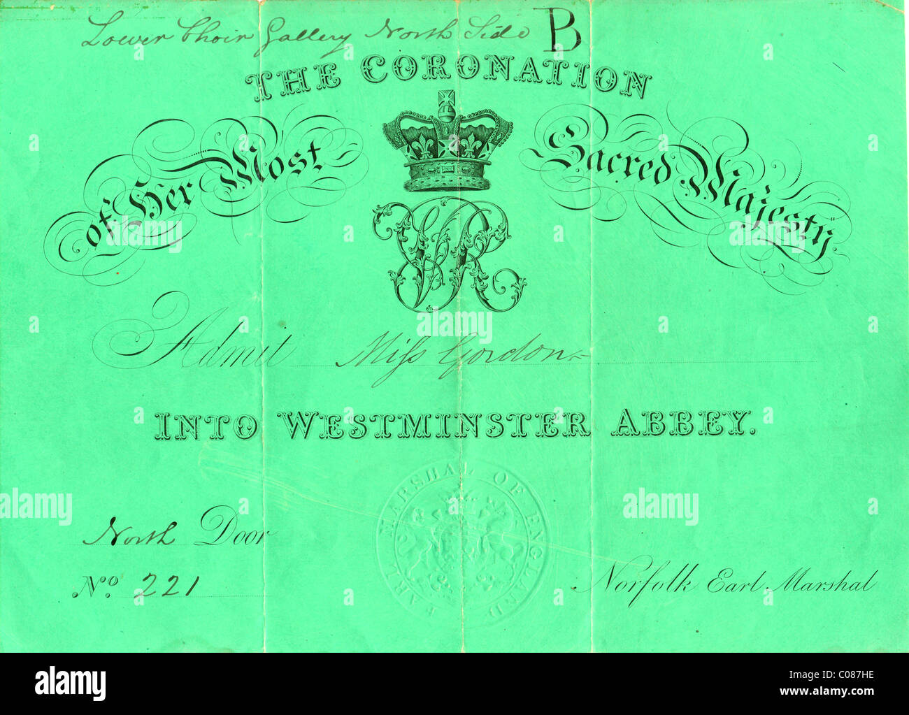 Invitation to the Coronation of Queen Victoria Stock Photo