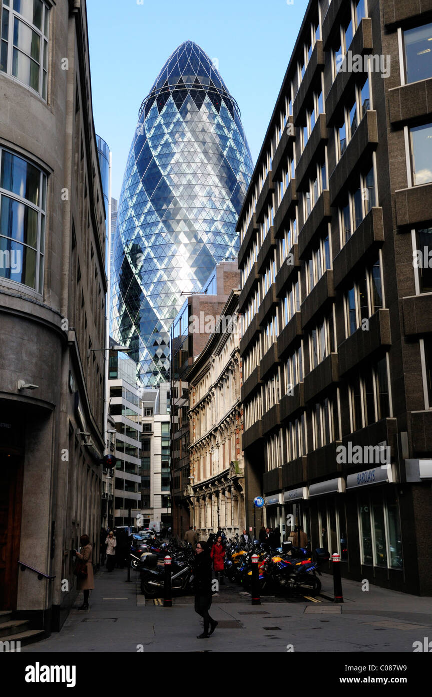 The Gherkin, 30 St Mary Axe, seen from Fenchurch Street, London, England, UK Stock Photo