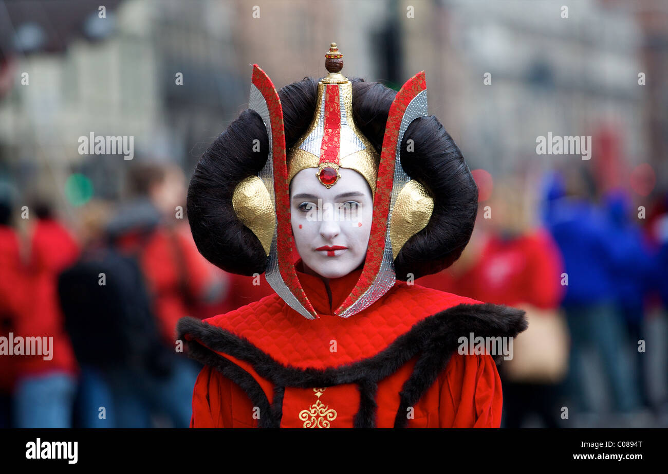 Person dressed in fancy costume, Narnia snow queen at the New Years Day parade London Stock Photo