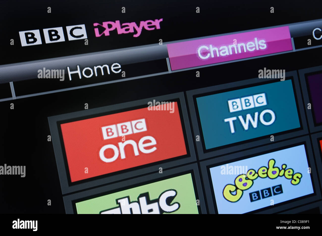 UK, Europe. Close-up screenshot of a flatscreen television showing BBC iPlayer channels on Freesat screen Stock Photo