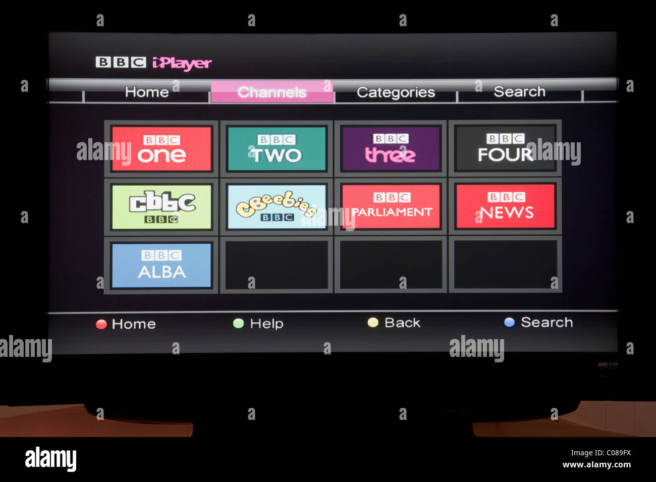UK, Europe. Flatscreen television showing BBC iPlayer channels available on Freesat Stock Photo