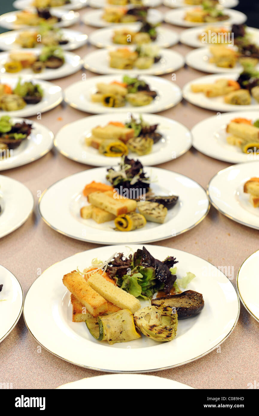 Food plated up for large banquet uk Stock Photo