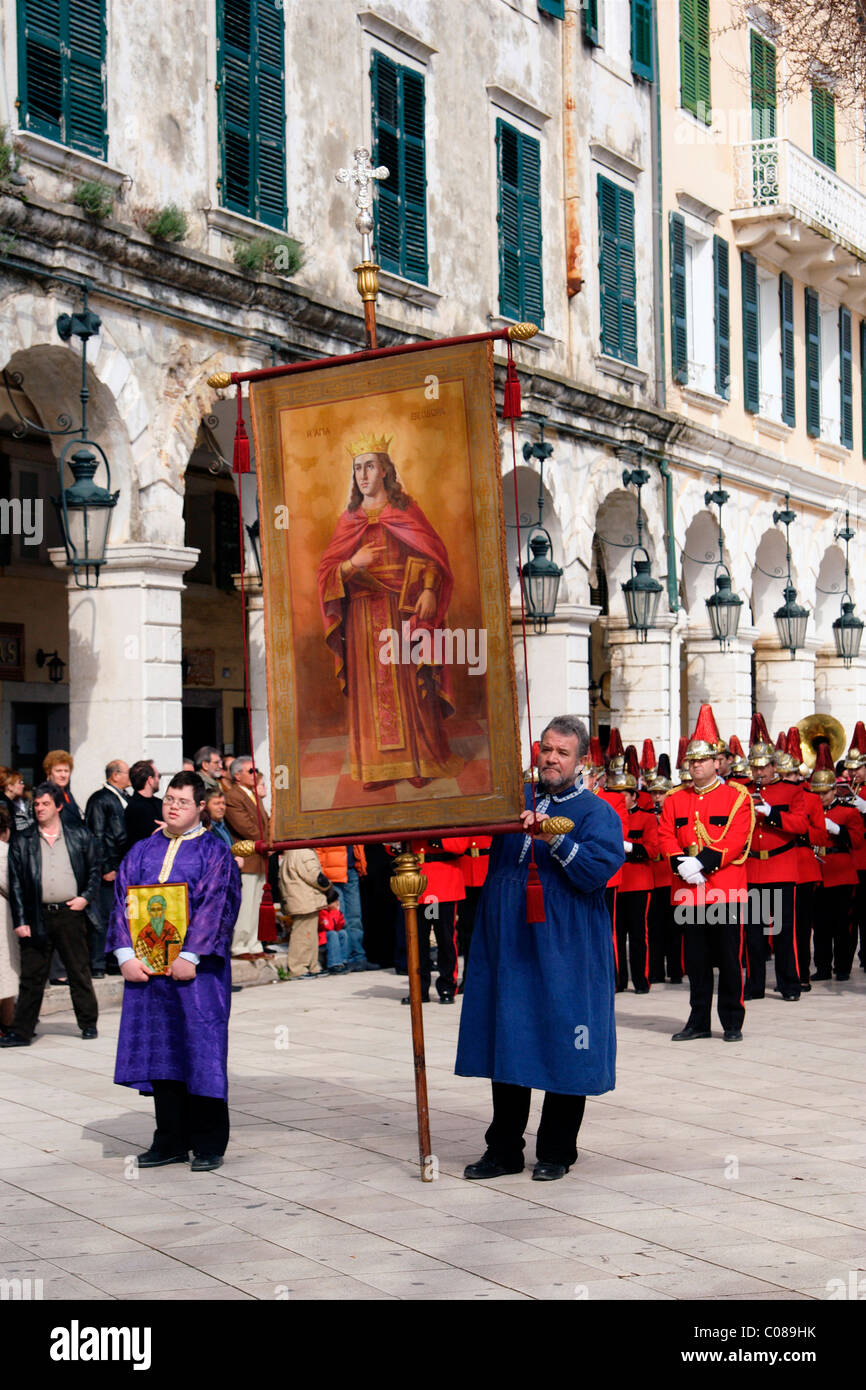 Litany of Santa Barbara with music brass bands, at Liston, Corfu (or "Kerkyra") town, Greece Stock Photo