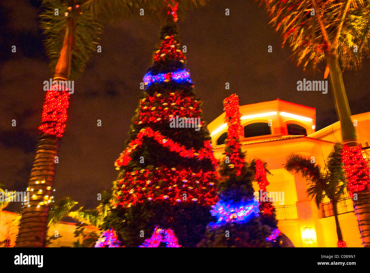Christmas tree and lighting and decorations at The Village At Gulfstream Park in Hallandale, Florida, USA Stock Photo