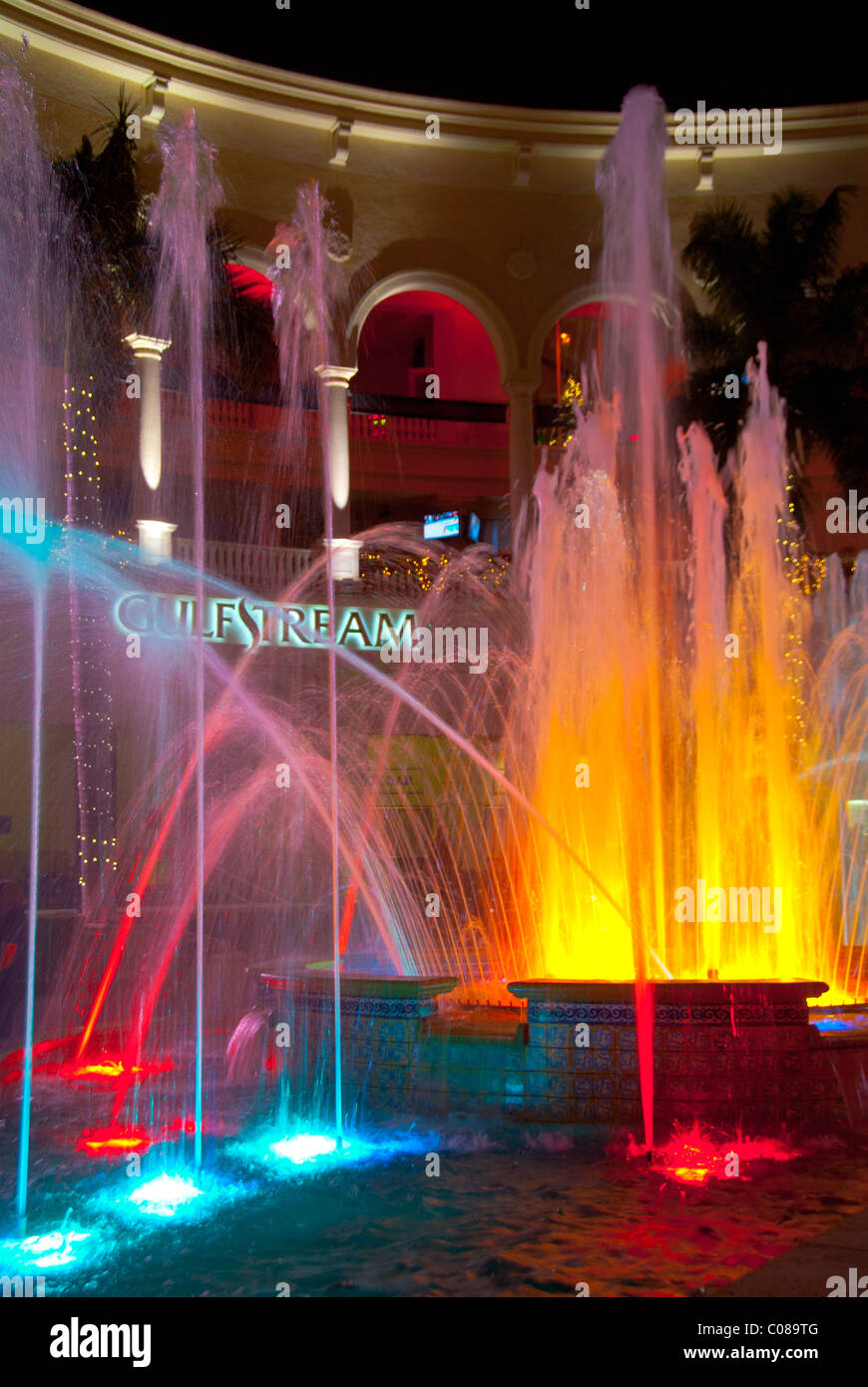 Christmas lighting and decorations on fountains at The Village at Gulfstream Park in Hallandale, Florida, USA Stock Photo