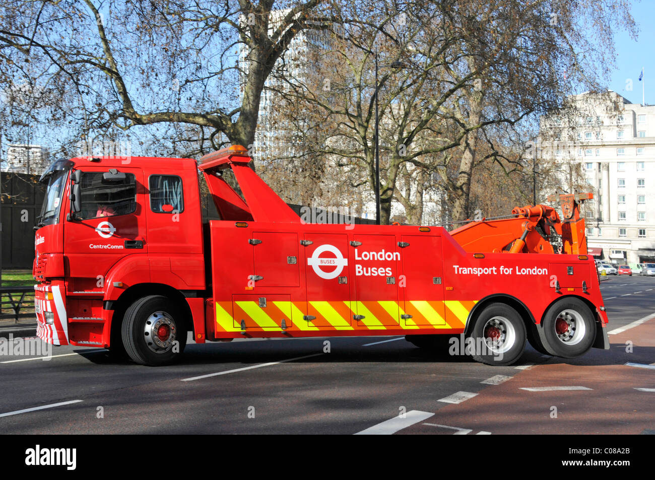 Heavy duty breakdown truck used to remove broken down buses Stock Photo