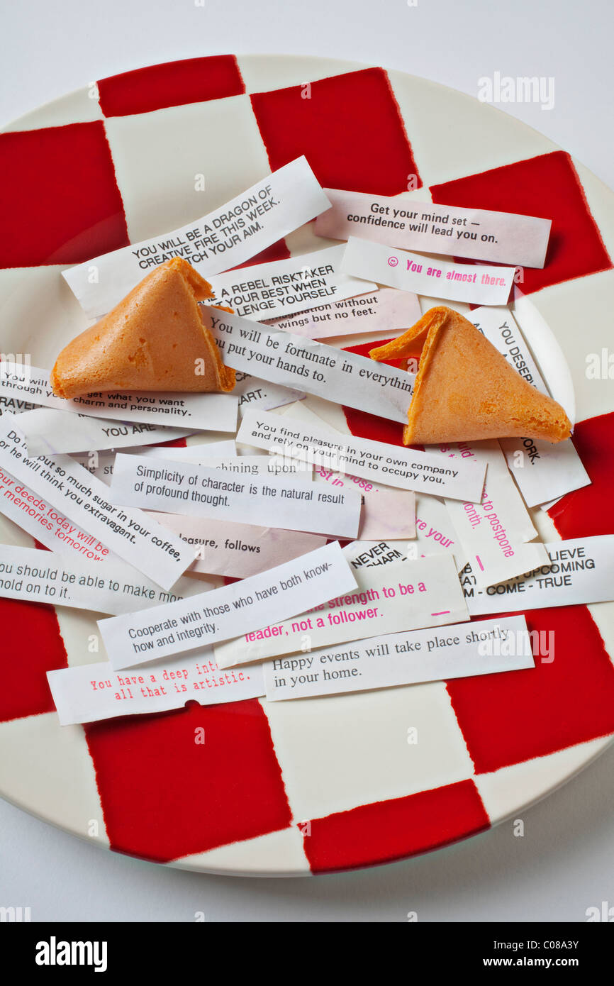 Fortune cookie sayings on checker plate Stock Photo