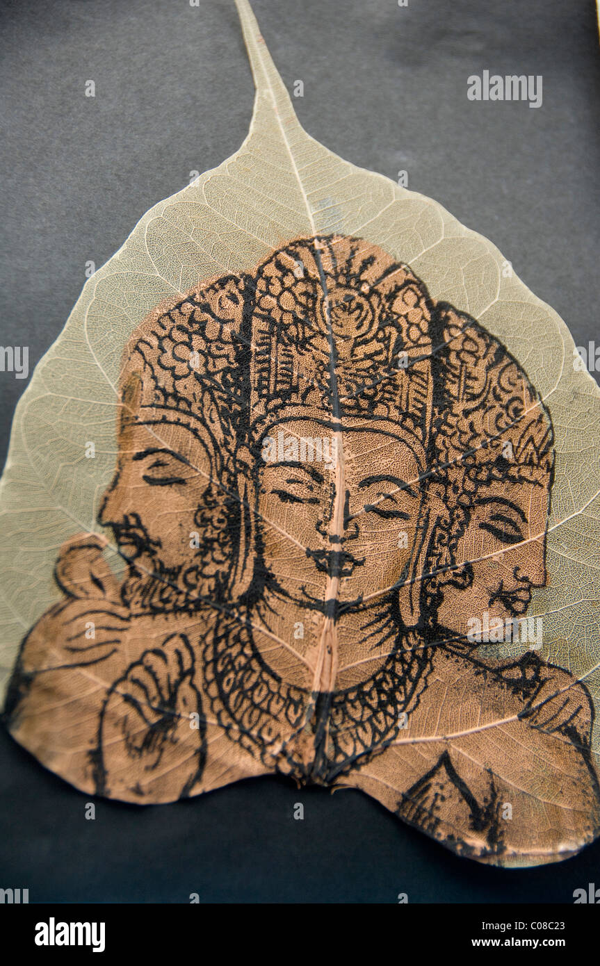 India, Maharashtra, Mumbai (aka Bombay). Gharapuri Island, Mount Kailash, Elephanta Caves. Hand painted leaf. Stock Photo