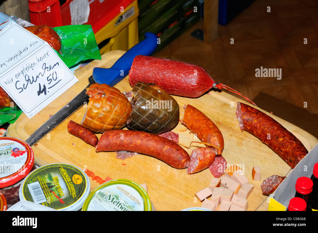 Local sausage specialties for sale at the Christmas Market, Rheinfelden