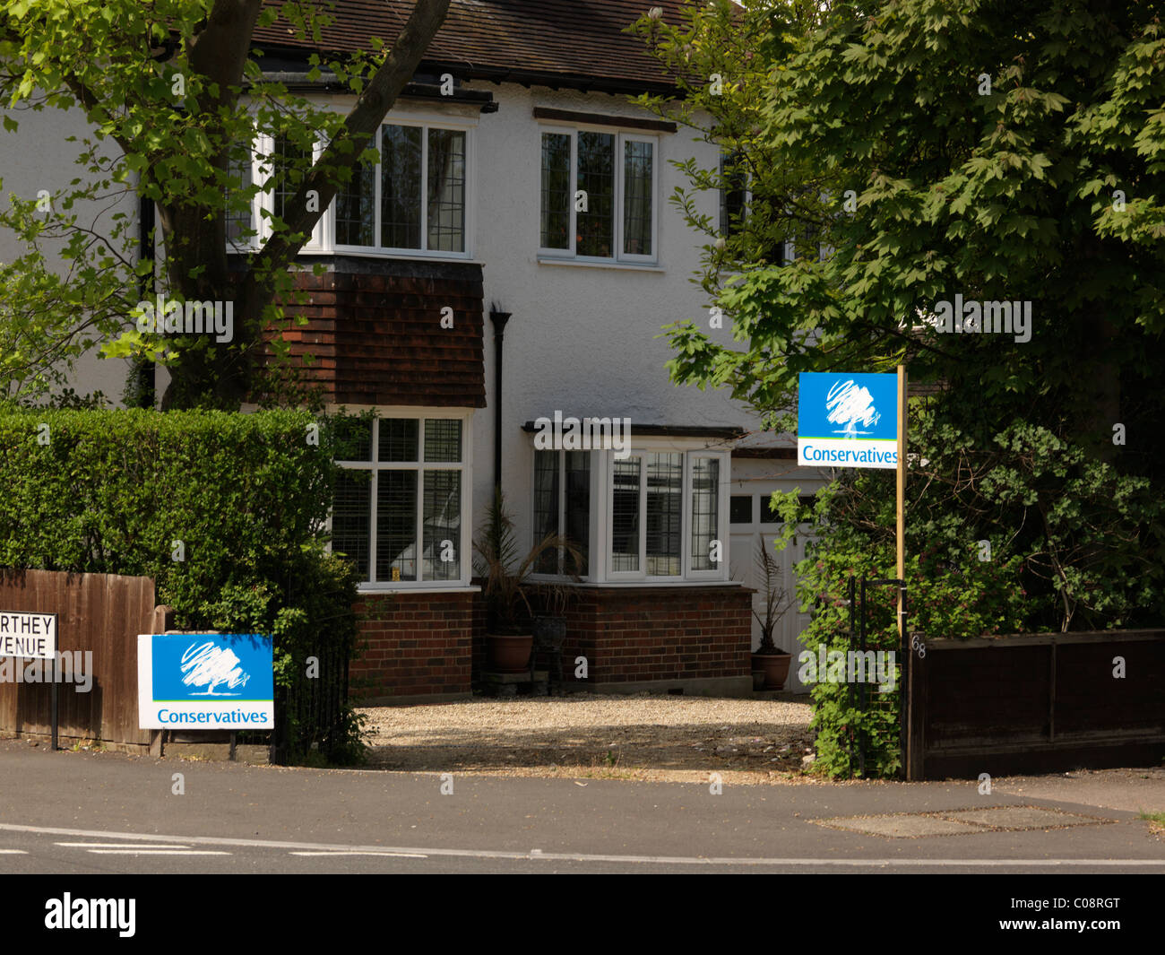 Conservatives Signs Outside House During General Election May 2010 England Stock Photo