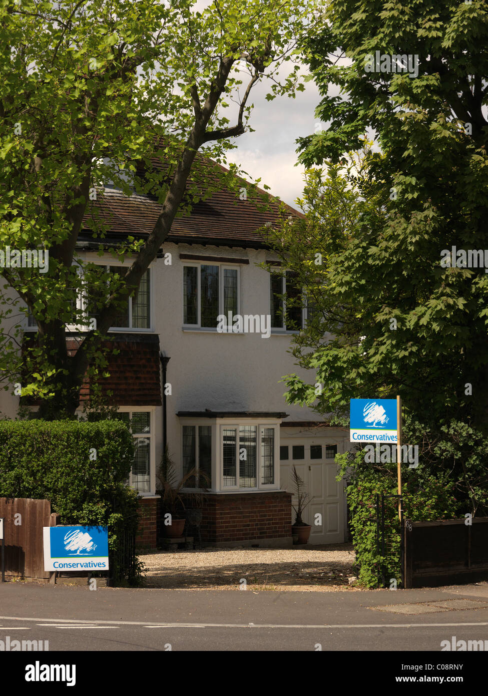 Conservatives Signs Outside House During General Election May 2010 England Stock Photo