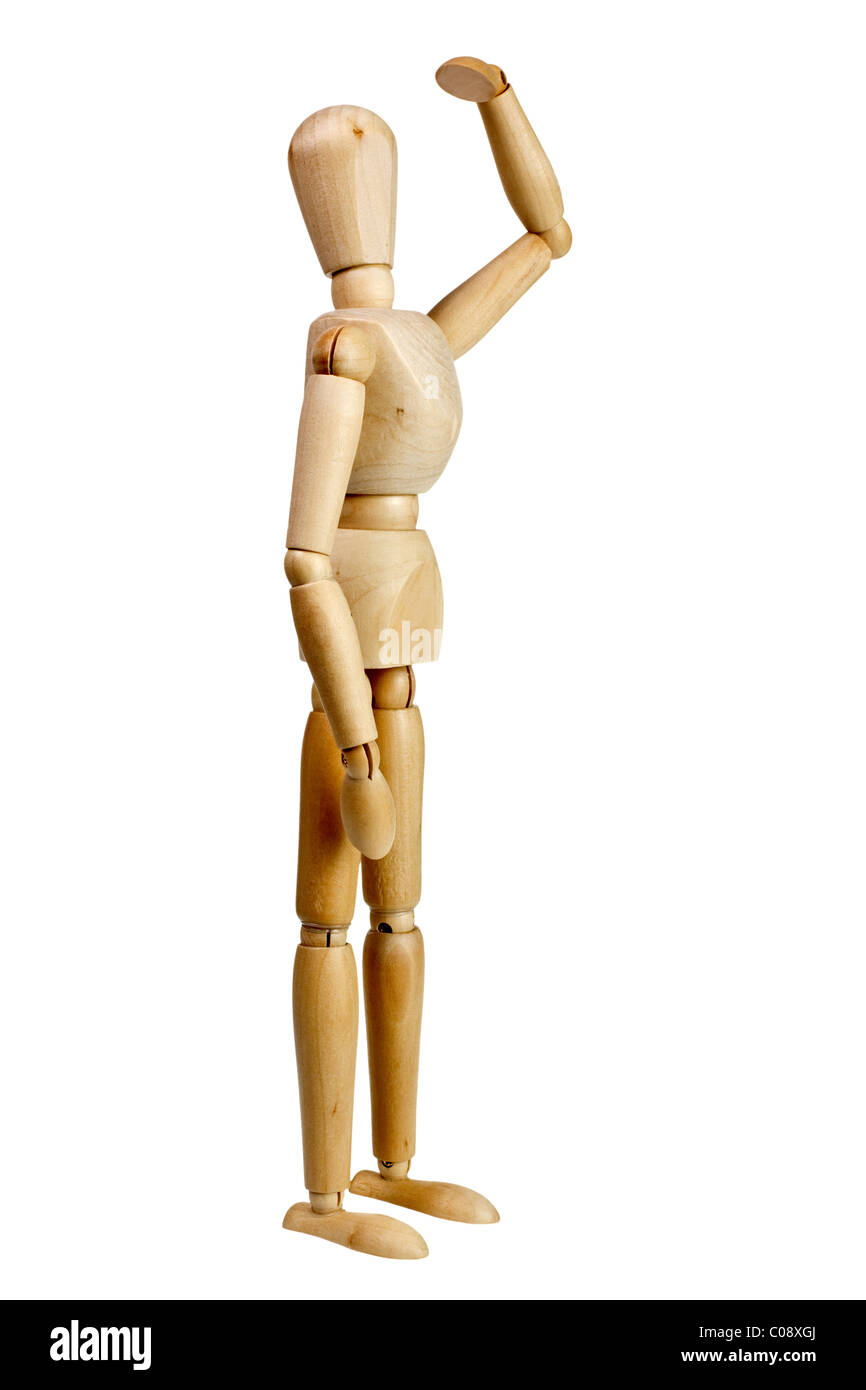 Wooden mannequin look far away isolated on white background Stock Photo