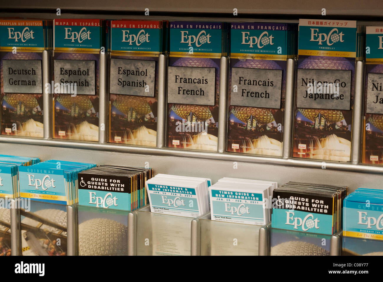 Disney World's Epcot theme park offers brochures in many languages. Stock Photo