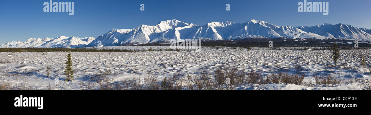 Panoramic landscape along Broad Pass on a sunny day, Southcentral Alaska, Winter Stock Photo