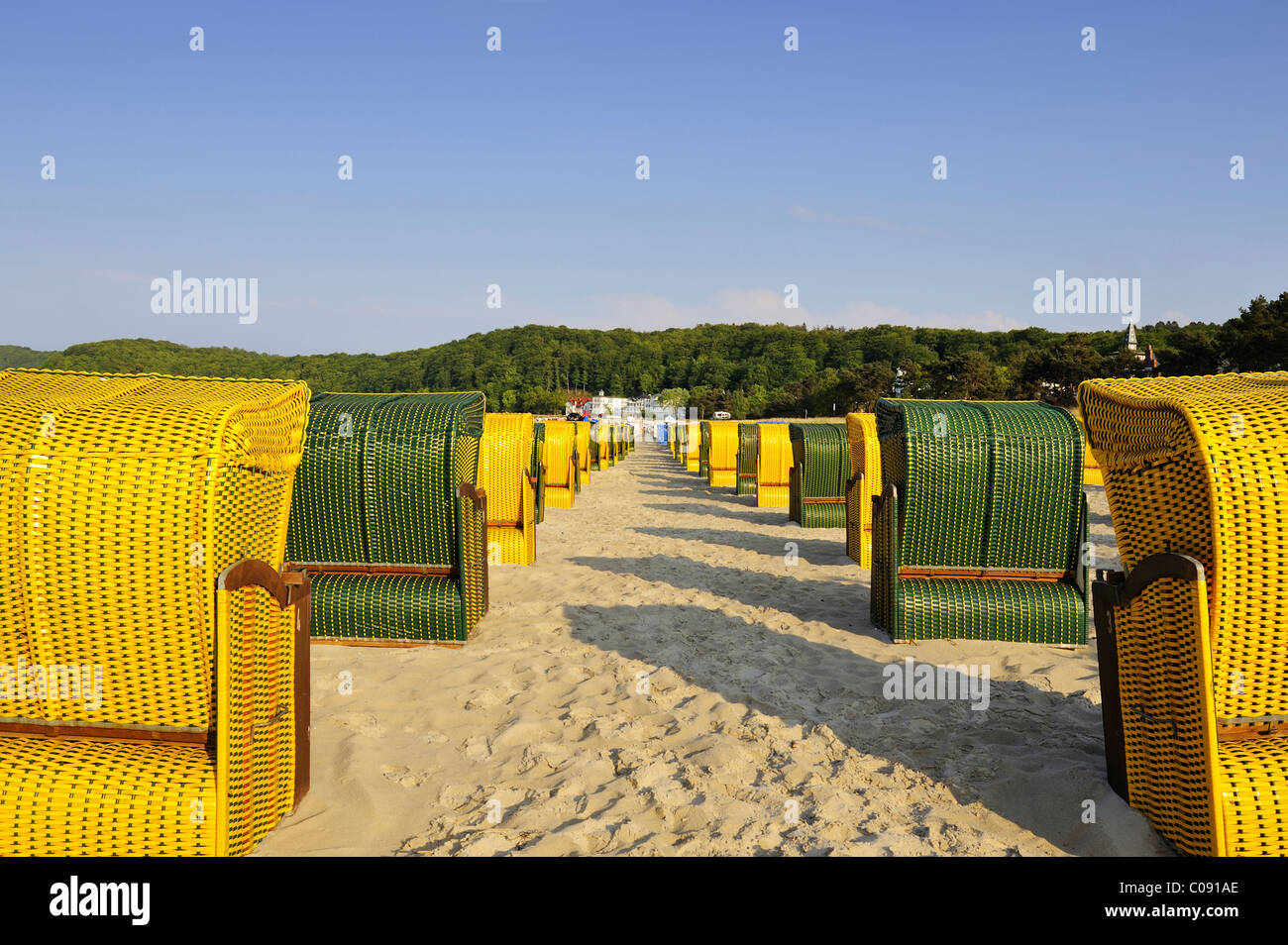 Lined up beach chairs on the sandy beach of the Baltic resort Binz on Ruegen island, Mecklenburg-Western Pomerania Stock Photo