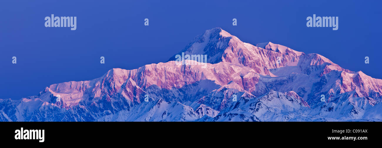 Panoramic view of  sunrise over Mt. McKinley and the Alaska Range, Denali State Park, Southcentral Alaska, Winter Stock Photo