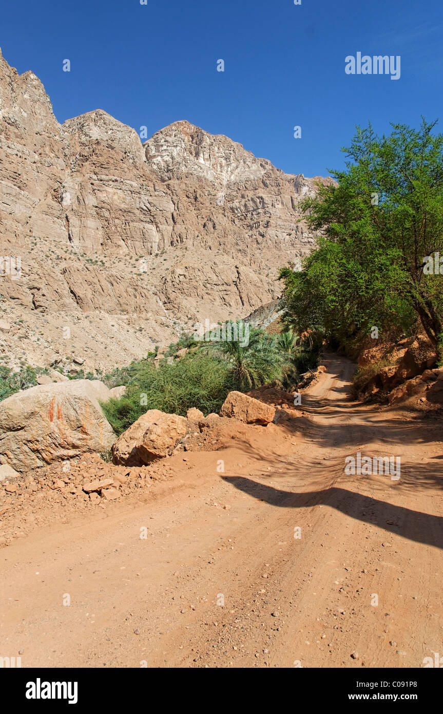 Earth road in Wadi Tiwi, Oman, Middle East Stock Photo