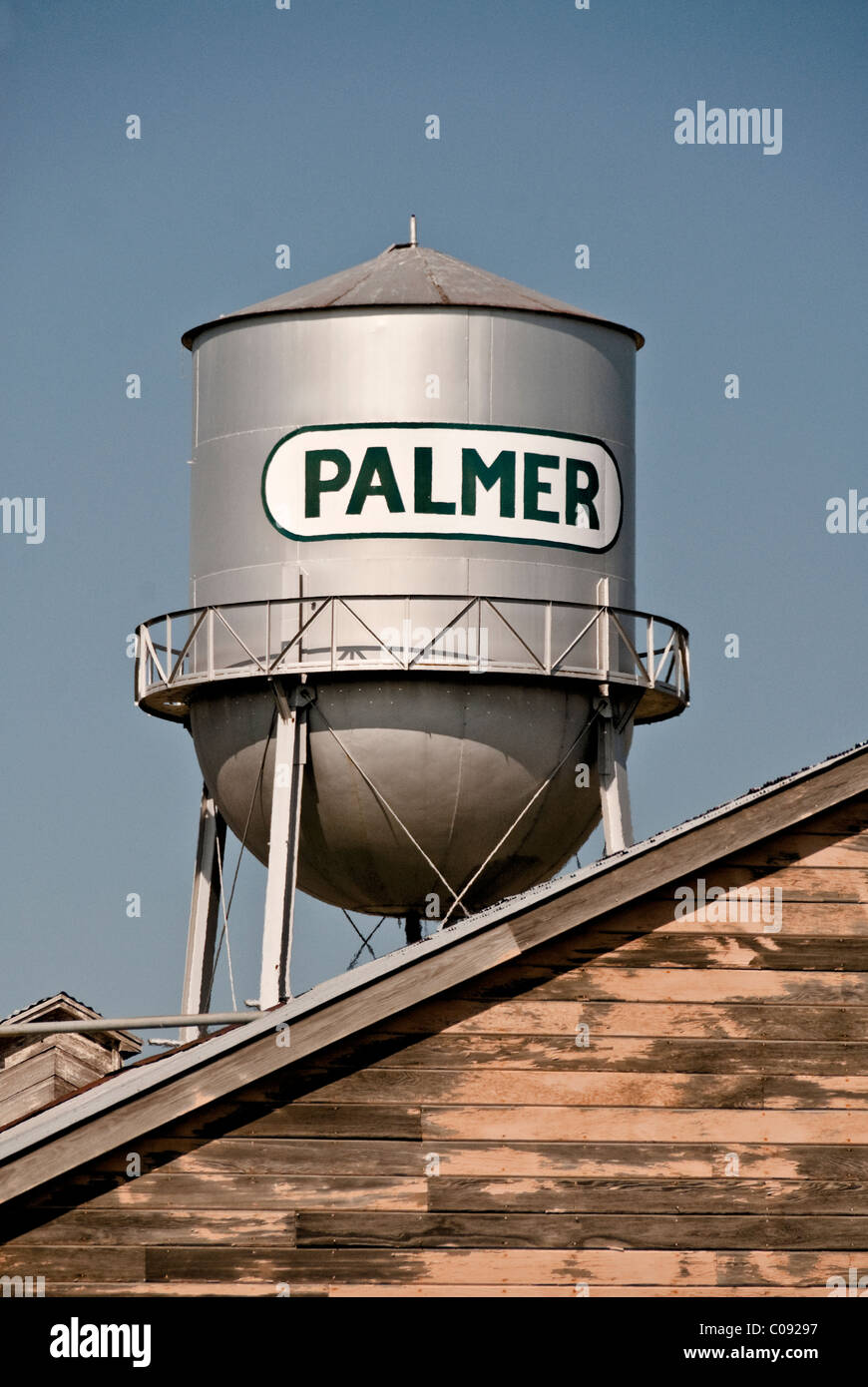 Famous Palmer water tower stands above buildings in Palmer, MatSu
