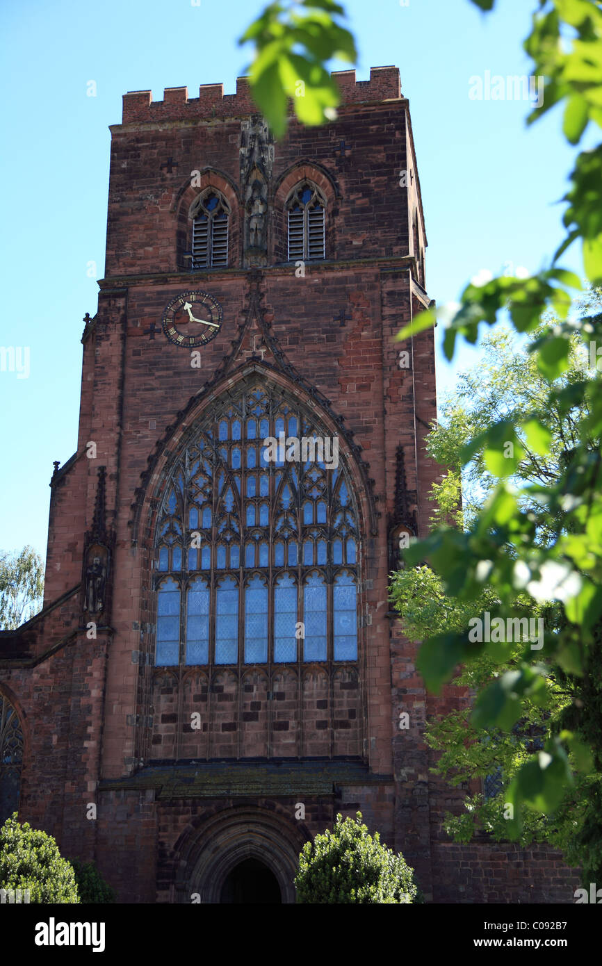 The West front of Shrewsbury Abbey, the tower dating from the 14th century. Stock Photo