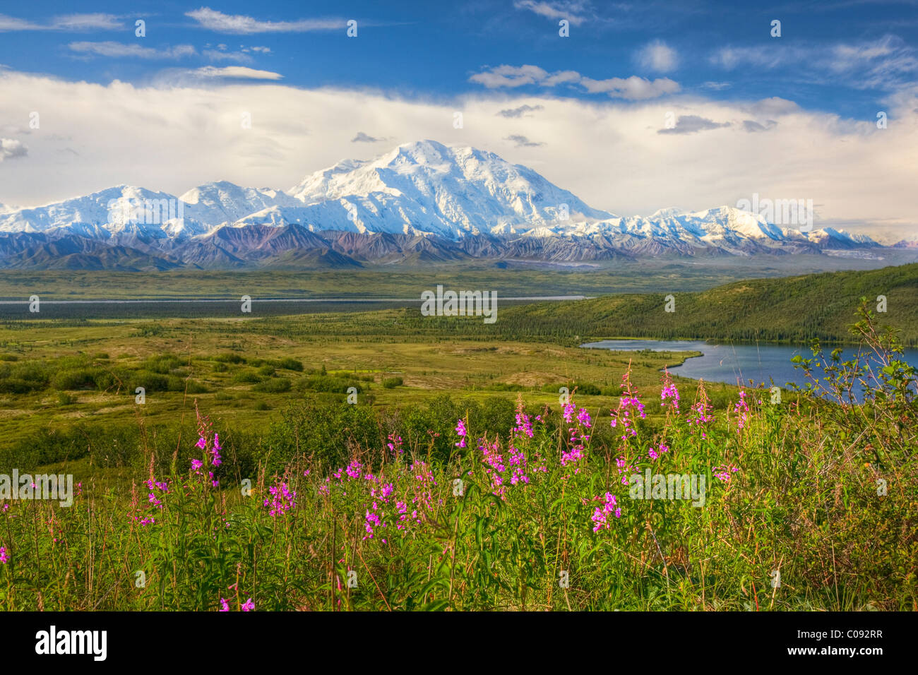 View of Mt. McKinley on a sunny day with McKinley River and Wonder lake in the foreground, Denali National Park, HDR Stock Photo