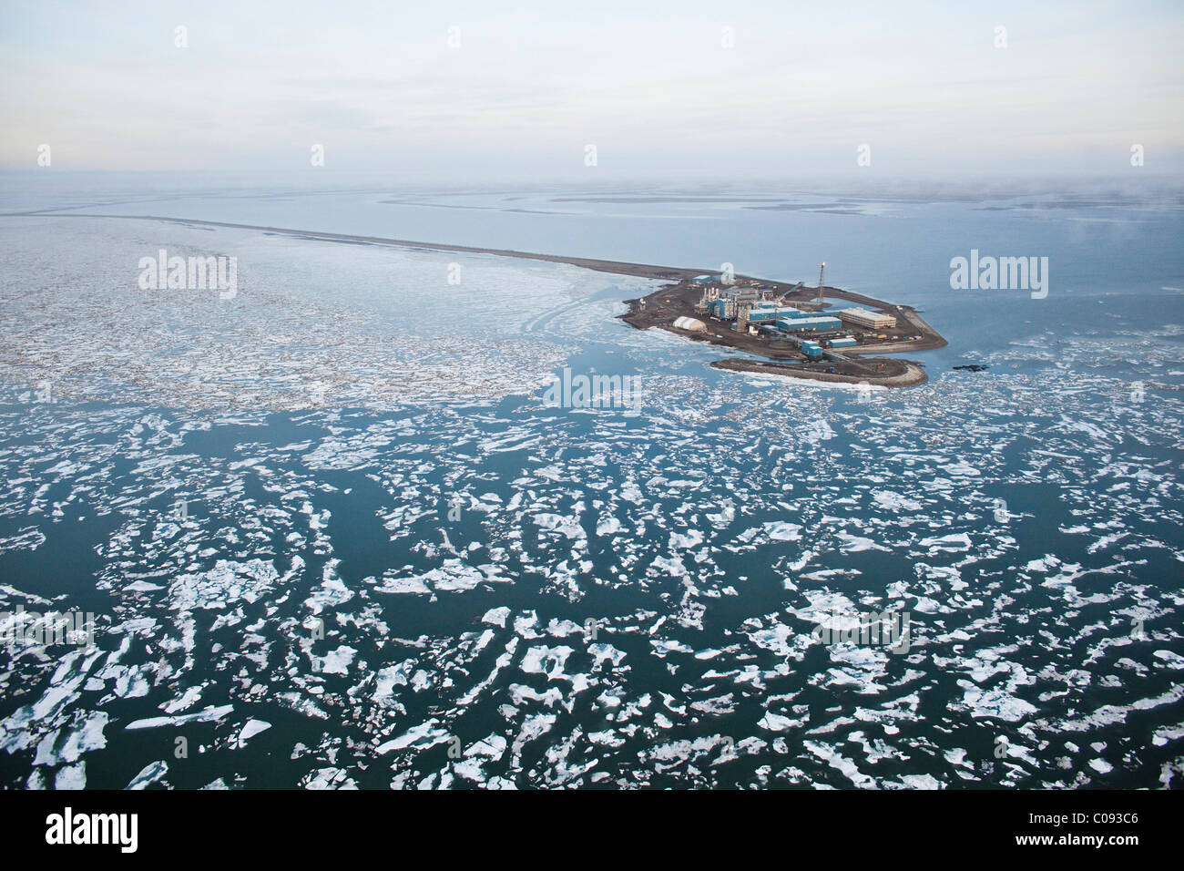 Aerial view of an oil well drilling platform, Prudhoe Bay, Beaufort Sea