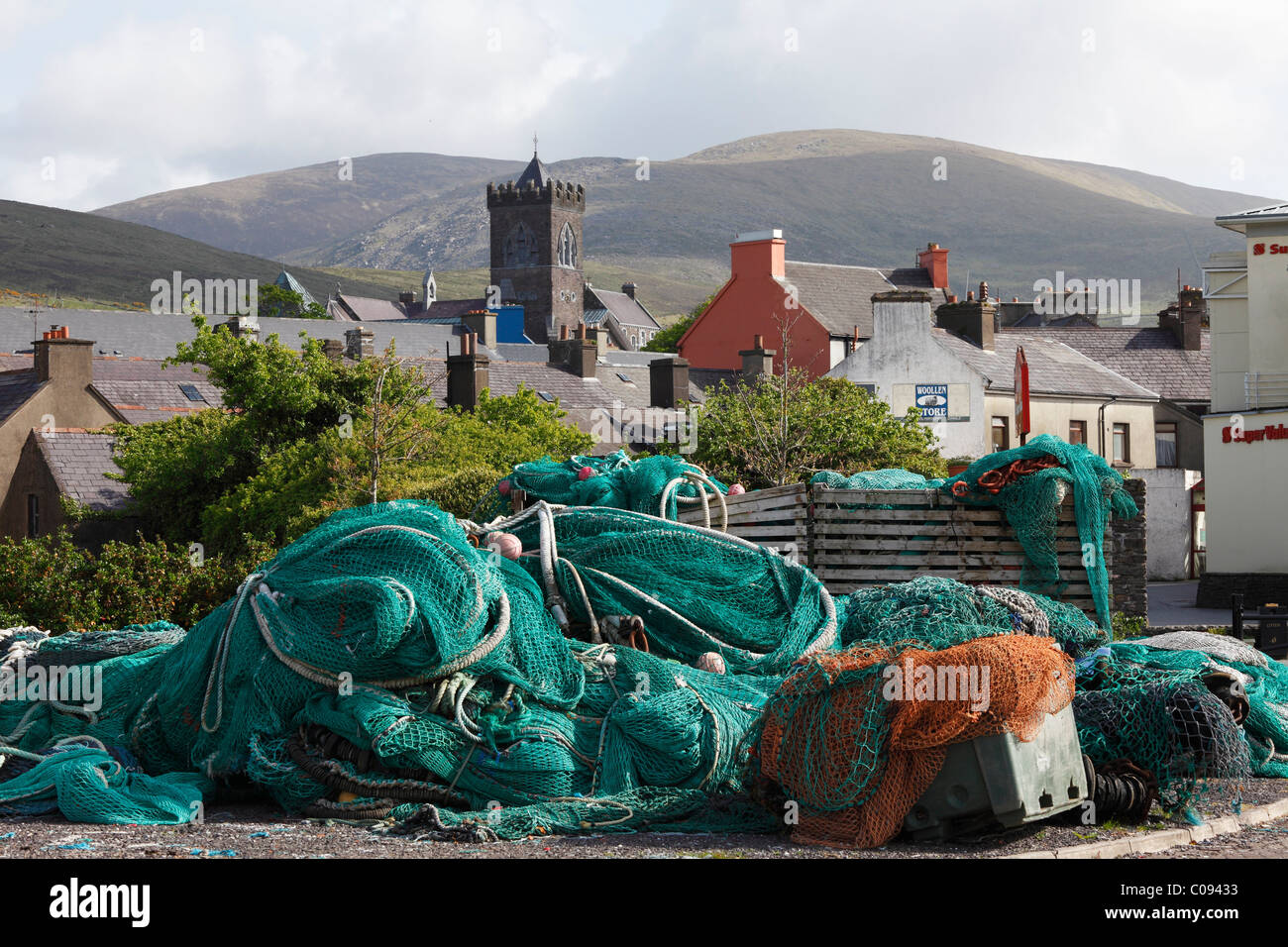 Dingle, fishing nets and town, County Kerry, Ireland, British Isles, Europe Stock Photo