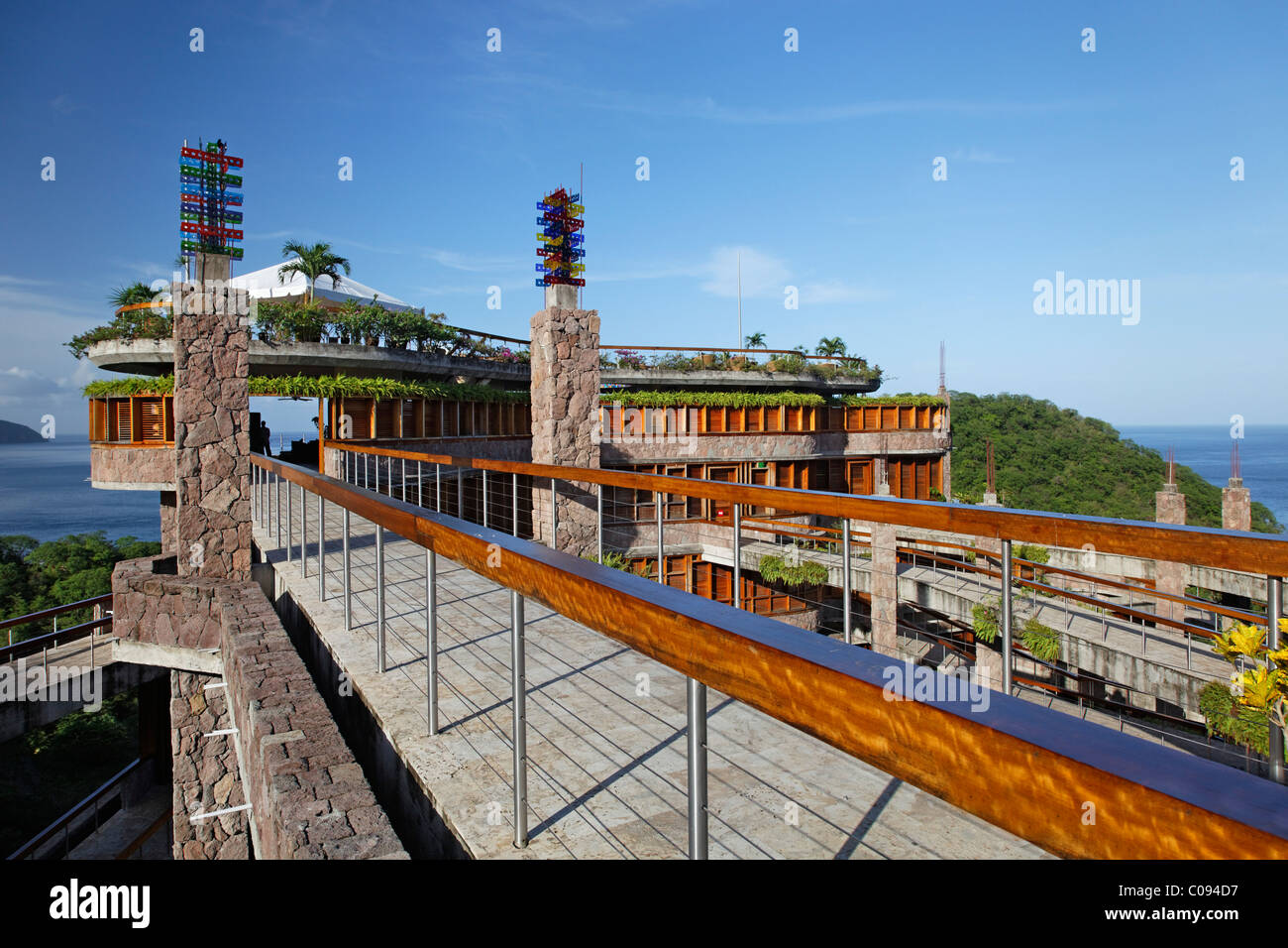 Bridge to restaurant, Jade Mountain luxury hotel, Saint Lucia, Windward Islands, Lesser Antilles, Caribbean, Caribbean Sea Stock Photo