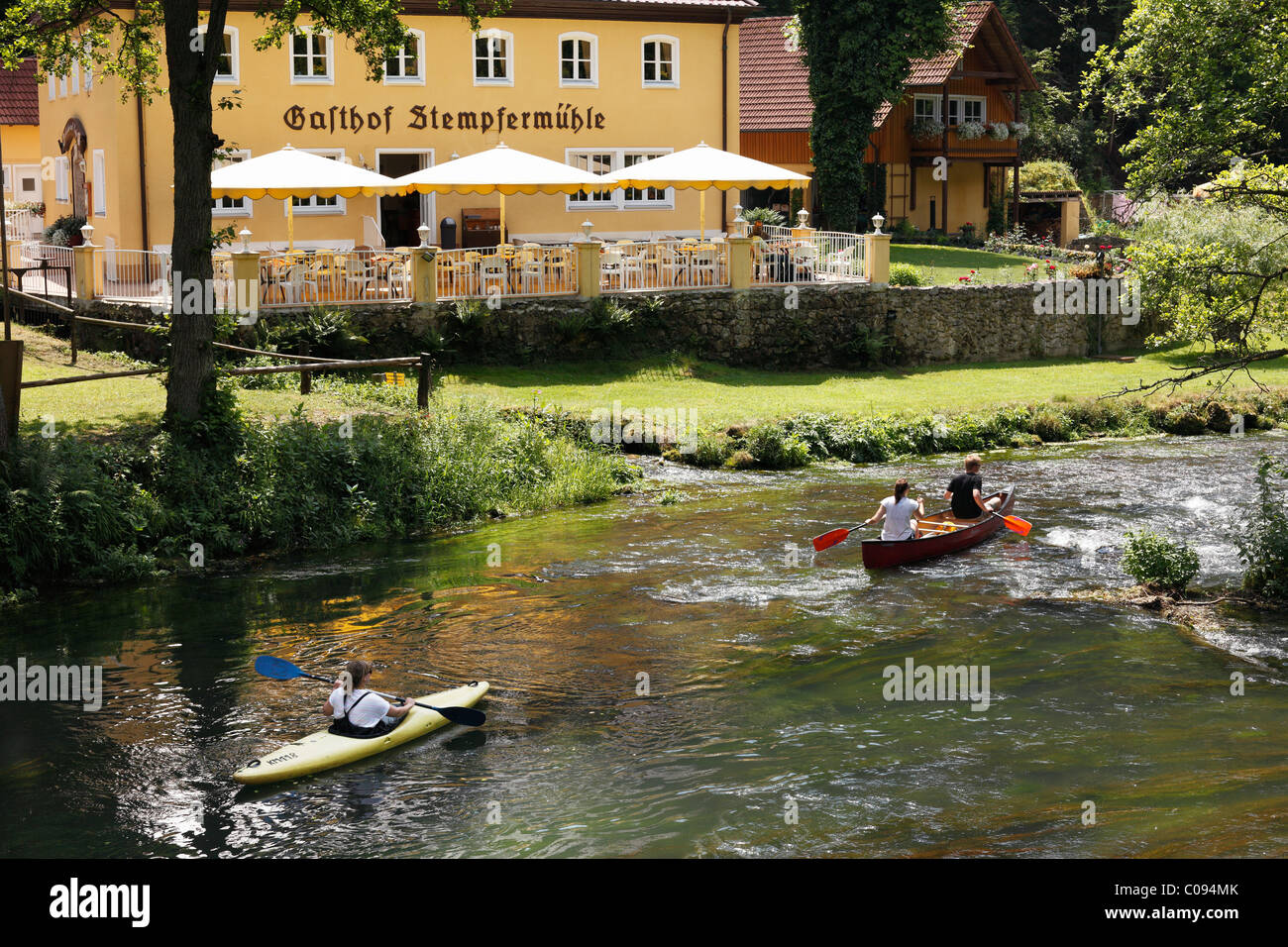 Kayak and canoe on the Wiesent River at Stempfermuehle near Goessweinstein,  Wiesenttal, Franconian Switzerland, Franconian Alb Stock Photo - Alamy