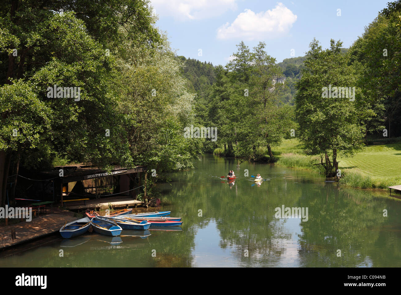 Boats on the Wiesent River at Stempfermuehle near Goessweinstein, Wiesenttal, Franconian Switzerland, Franconian Alb Stock Photo