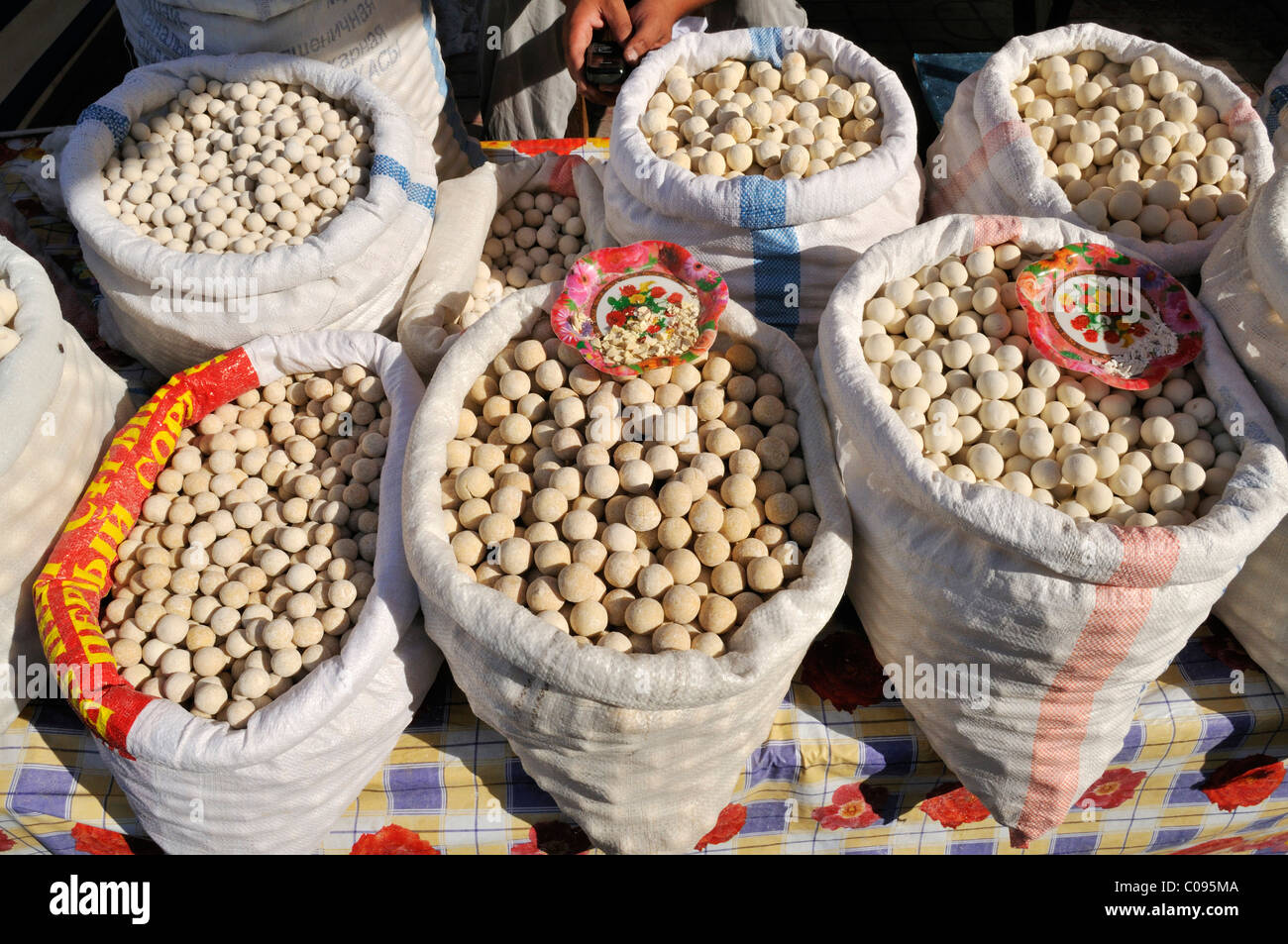 Sundried cheese balls, central market of Samarkand, Uzbekistan, Central Asia Stock Photo