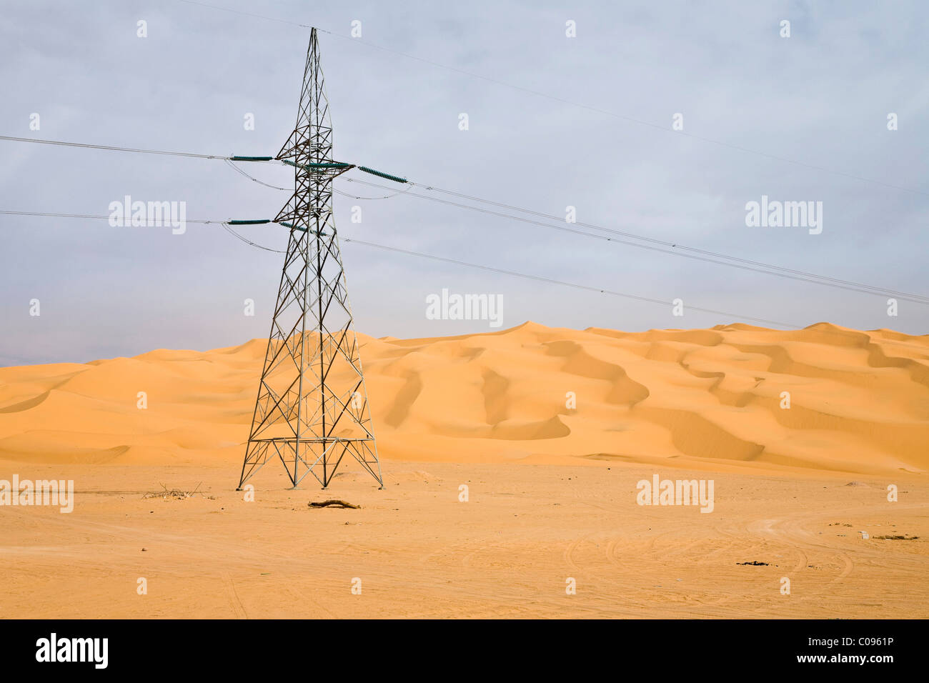 High voltage power line in the Libyan Desert near Germa, Libya, North Africa, Africa Stock Photo
