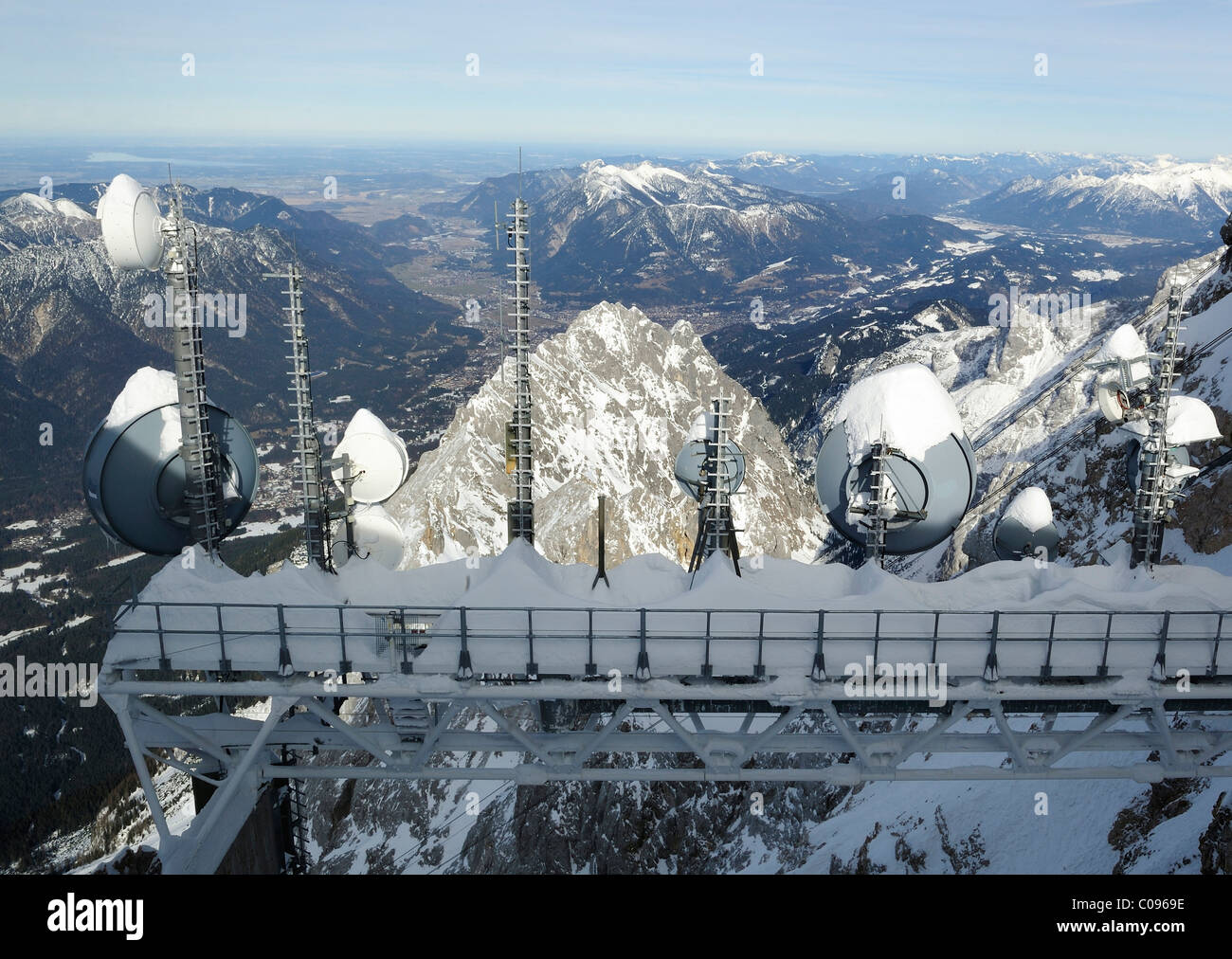 Antennas and instruments at the weather station on the summit of Mt