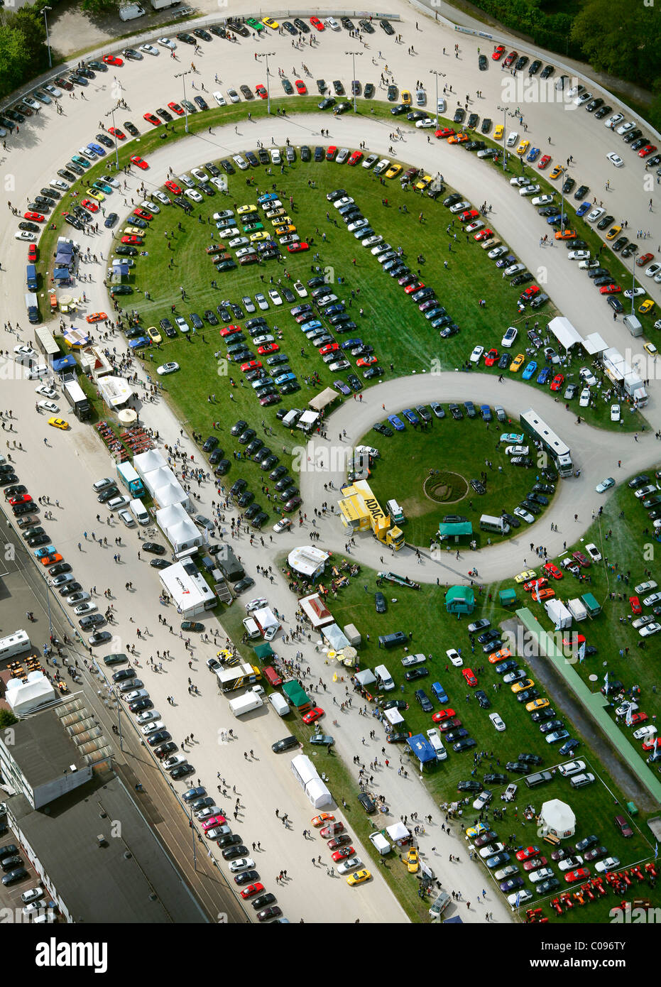Aerial view, meeting of Porsche fans at the trotting course in Dinslaken, Trabrennbahn am Baerenkamp trotting course, Dinslaken Stock Photo