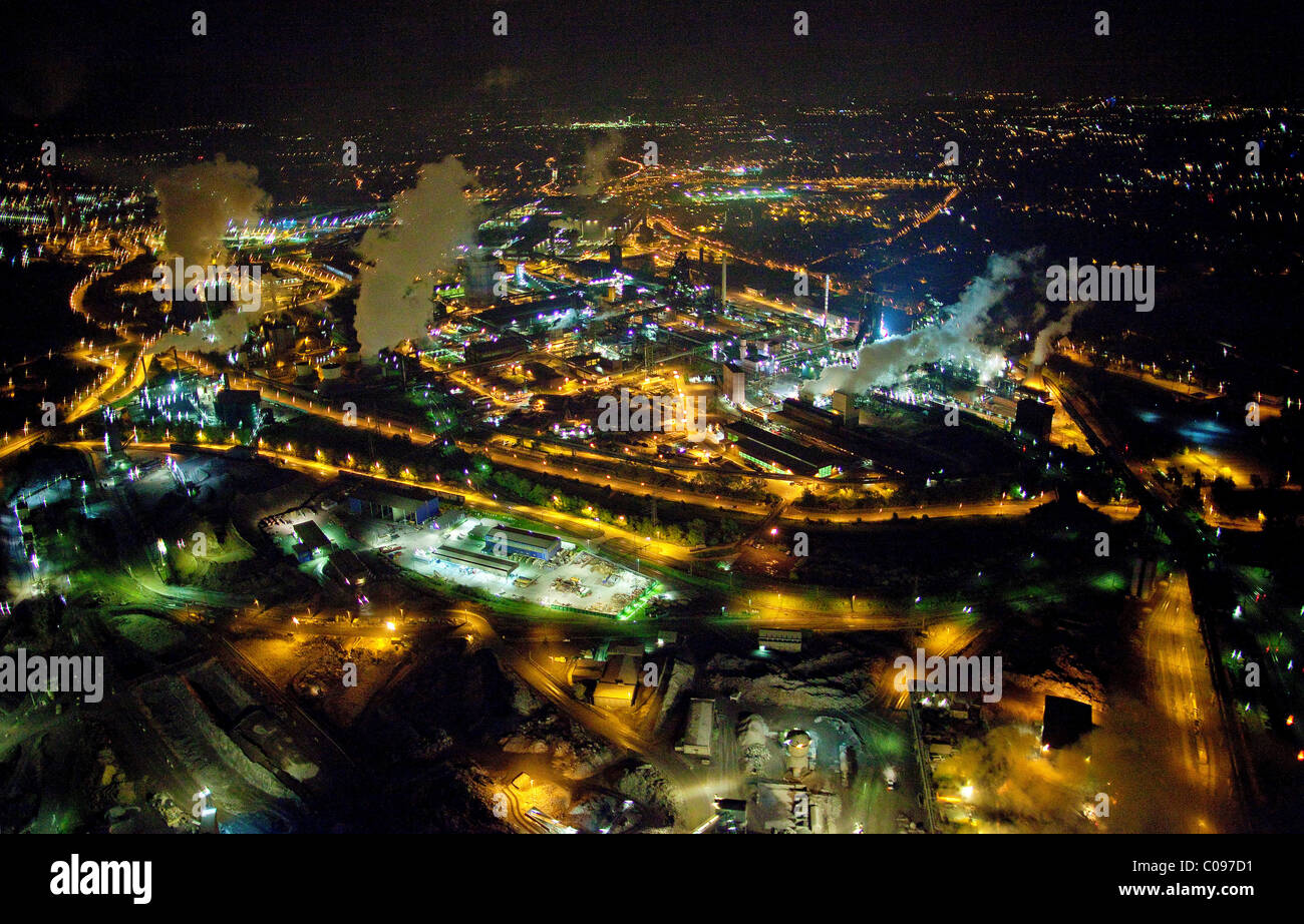 Aerial view, Thyssen Krupp works at night, Duisburg, Ruhr area, North Rhine-Westphalia, Germany, Europe Stock Photo