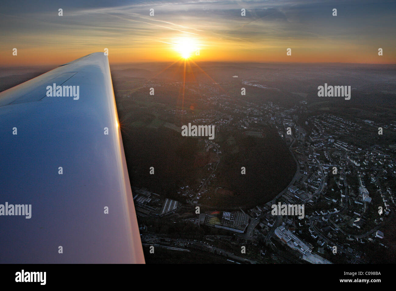 Aerial view, sunrise, early morning flight, Ennepetal, Ruhr area, North Rhine-Westphalia, Germany, Europe Stock Photo