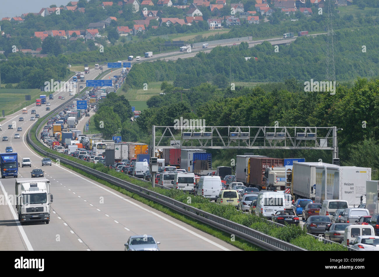 Traffic jam on the A8 highway as a result of a truck accident, view towards  Albaufstieg, Aichelberg near Gruibingen Stock Photo - Alamy