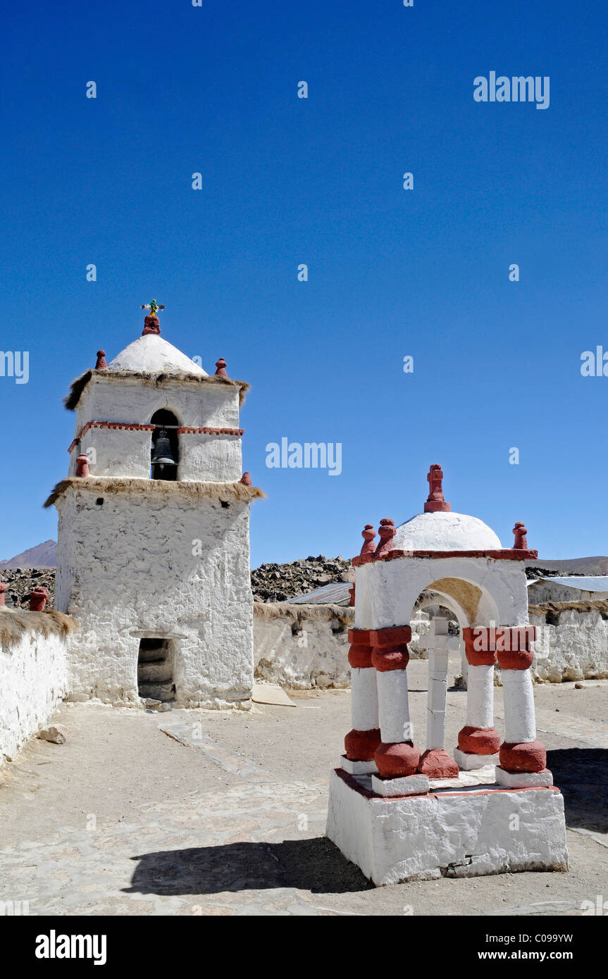 Church built with Adobe construction methods, Parinacota, mountain ...